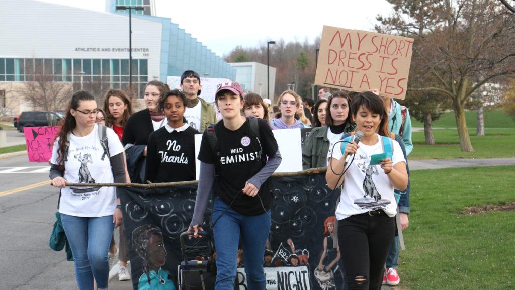 Members of the Ithaca College community marched from the Textor Ball to The Commons as part of the Take Back The Night march protesting acts of sexual violence and abuse April 27.