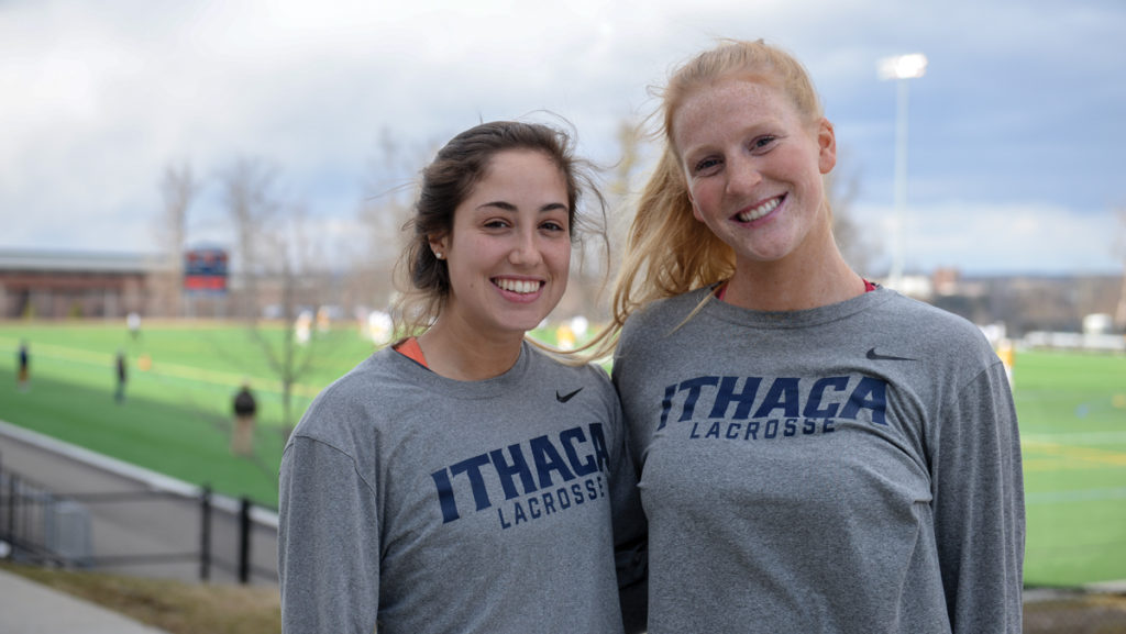 Juniors Reid Simoncini and Jaye Carver both play women’s lacrosse for Ithaca College. The two are from Ridgewood, New Jersey, where they attended the same high school and played together since third grade.