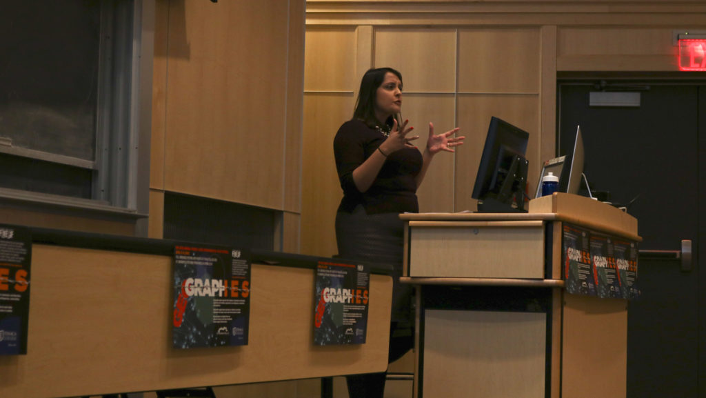 Sheila Vakharia, assistant professor from Long Island University Brooklyn, discussed drug addiction and societal responses to the issue on April 9.