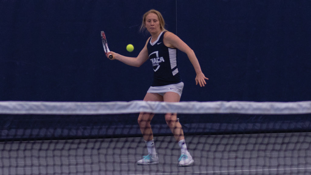 Sophomore Parley Hannan competes at the Bombers’ 9–0 loss against Skidmore College on March 24 at the Athletics and Events Center.