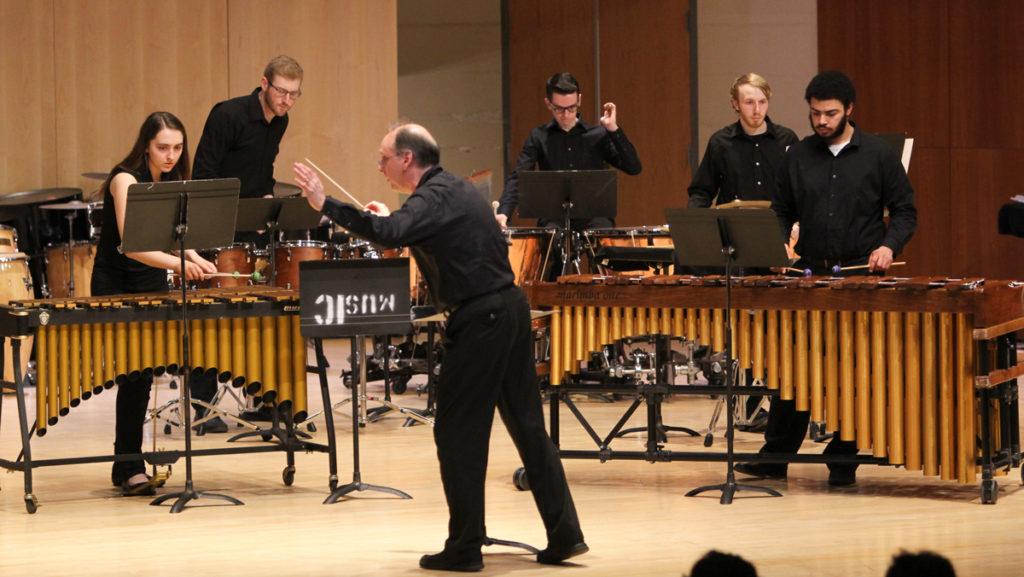 Percussionist+Nathan+Daughtrey+conducted+the+performance+%E2%80%9CFidget%E2%80%9D+by+the+Ithaca++College+Percussion+Ensemble+and+Steel+Band+on+April+22+in+Ford+Hall.+Conrad++Alexander%2C+assistant+professor+in+the+Department+of+Performance+Studies%2C+directed.+