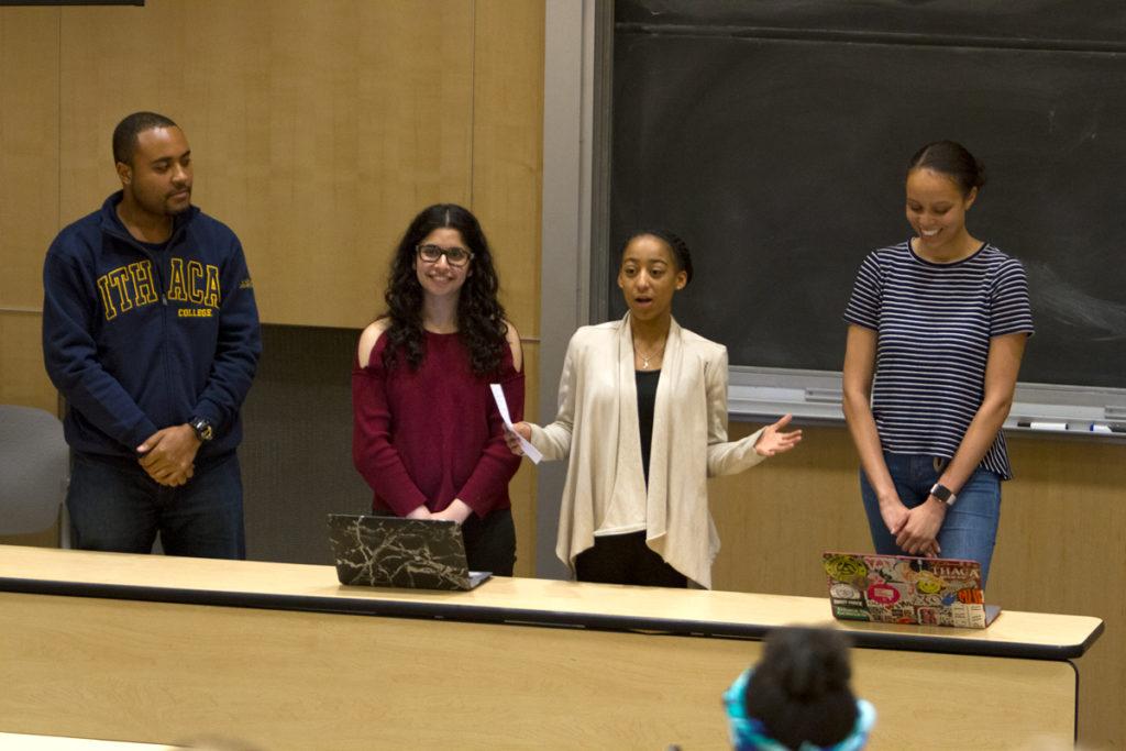From left, junior Seondre Carolina, sophomore Farwa Shakeel, junior Alyse Harris and junior Kylee Roberts, members of the newly elected SGC executive board, discuss new leadership positions for the 2018–19 academic year on April 17.