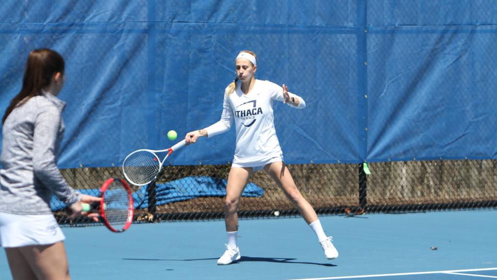 Junior Kathryn Shaffer returns the ball during the match against Bard College on April 21.