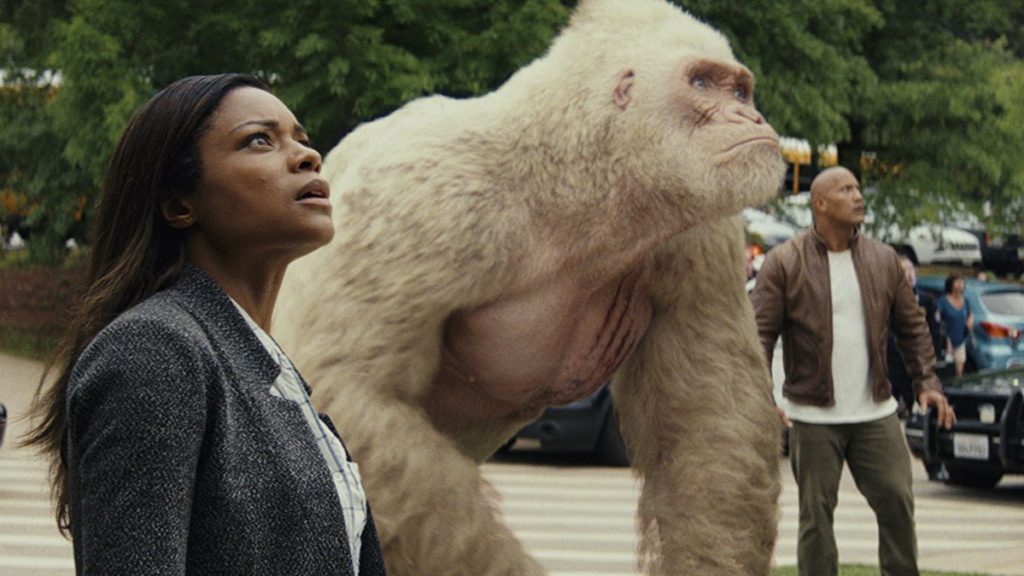 Dwayne The Rock Johnson stars in Rampage as a primatologist who must stop genetically engineered monsters from destroying Chicago.
