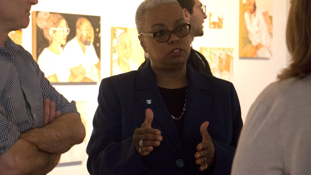 La Jerne Cornish, the new provost and senior vice president for academic affairs at Ithaca College, speaks to faculty on May 1 in Handwerker Gallery.