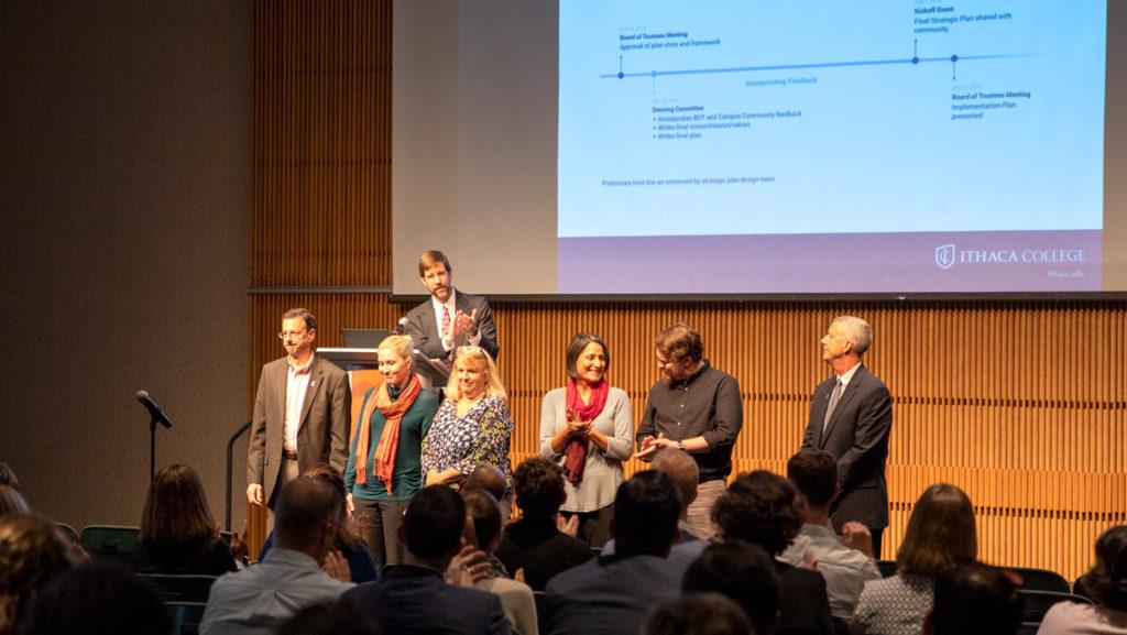 Members of the Ithaca College five-year strategic plan design committee led a feedback session for students, alumni, faculty and staff at the first kickoff event Sept. 27. 