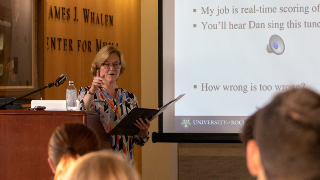 Elizabeth Marvin, a neuromusicologist, spoke about two of her studies that combined music and neuroscience at the Ithaca College Music Forum Sept. 14.  