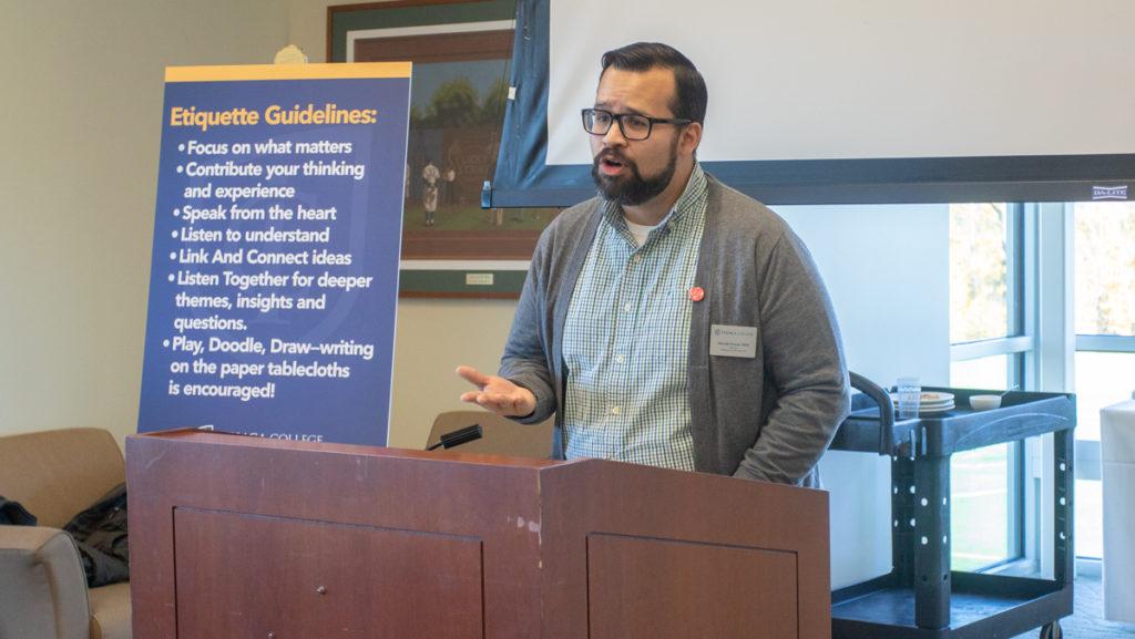 Hierald Osorto, director of religious and spiritual life, speaks at the open forum held with IC Color and members of the college administration Oct. 30. The event was held in the Athletic and Events Center.