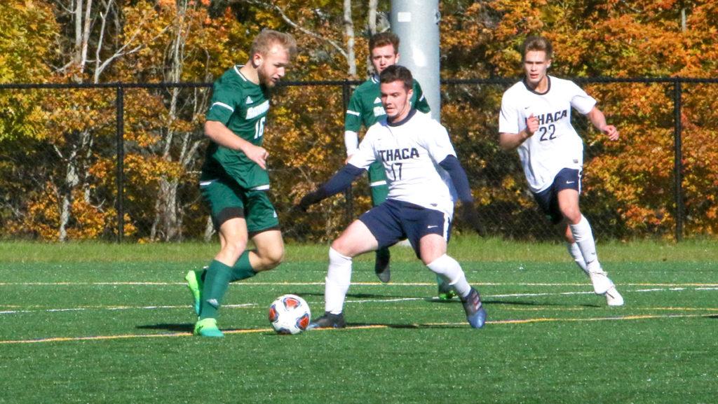 Senior striker Nate Mansfield looks to steal the ball from Mike Park, Skidmore College senior midfielder, during the Blue and Golds 1–0 win at Higgins Stadium on Oct. 30