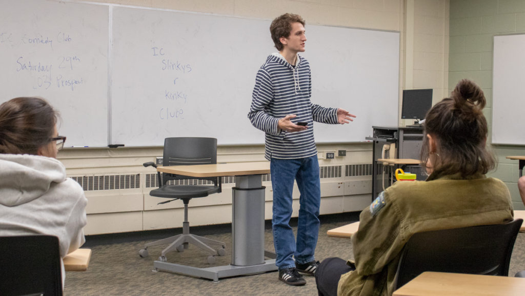 Sophomore Tommy Gonzalez performs stand up comedy at a meeting of IC Stand-up, one of the four comedy clubs on campus.