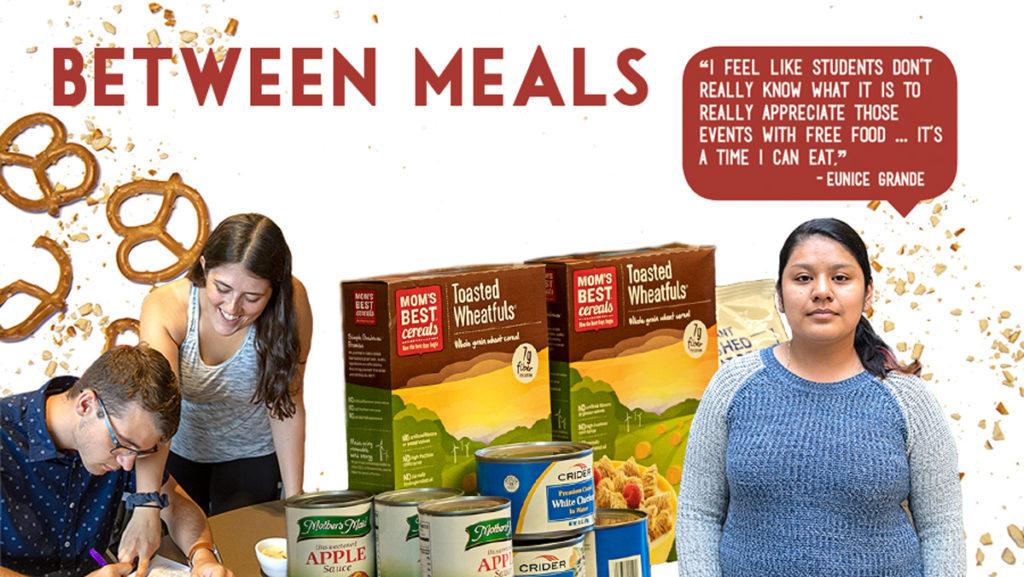 From left: Senior Shayna Fishkin asks students — like junior Connor Duffy — to donate their meal swipes to give to students at Ithaca College who identify as food insecure through the program Swipe Out Hunger. According to data from the most recent Campus Climate Survey, conducted in Fall 2016, out of nearly 3,000 students who responded, 47 percent reported experiencing financial hardship while attending the college, and 36 percent of those — almost 500 students — reported difficulty affording food. 