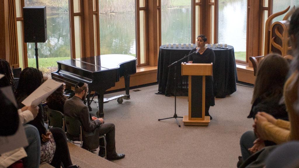 Ithaca College President Shirley M. Collado speaks at a gathering in Muller Chapel about the recent tragedies that have occurred across the country. 