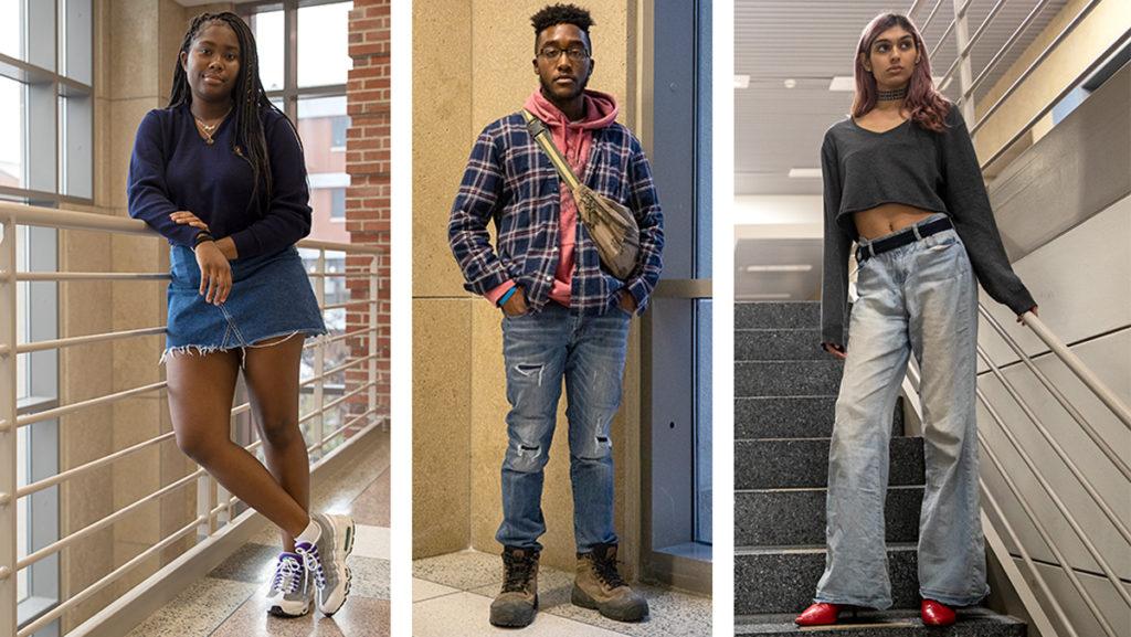 From left, freshman Simeon Alvarez and sophomores Maya Lewis and Angel Sohu use fashion to express their culture and personality.