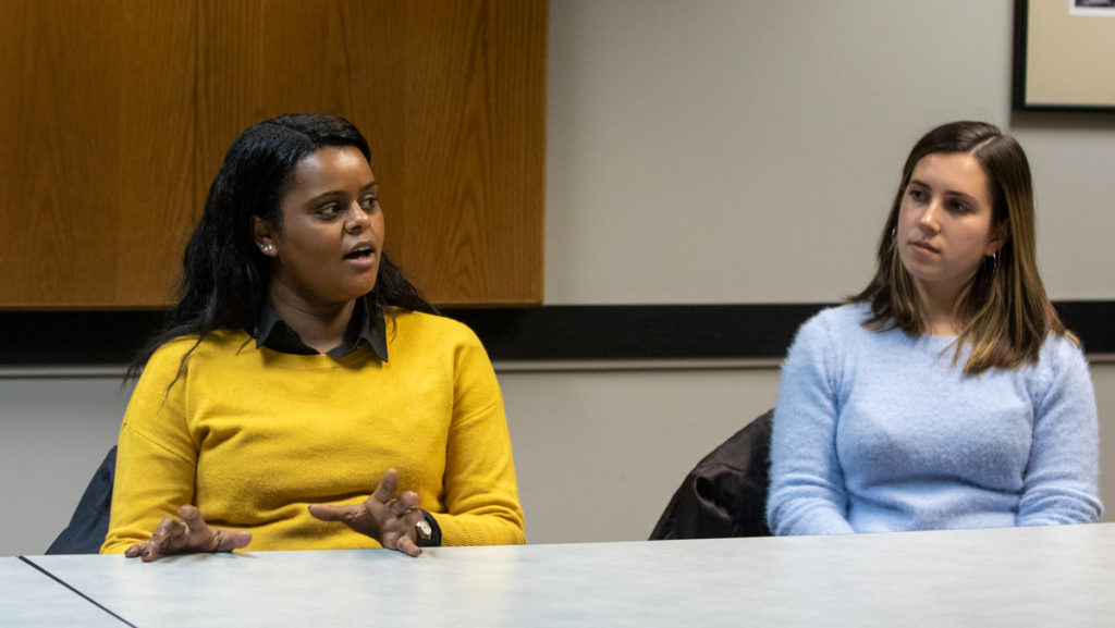 From left, Simha Tamano, Morris J. Escoll Israel Fellow for Cornell University Hillel, and junior Sam Butlien at the Ithaca College’s Global Faces of Judaism discussion. At the event hosted by Hillel at Ithaca College, Tamano spoke about the migration and history of Ethiopian Jews. 