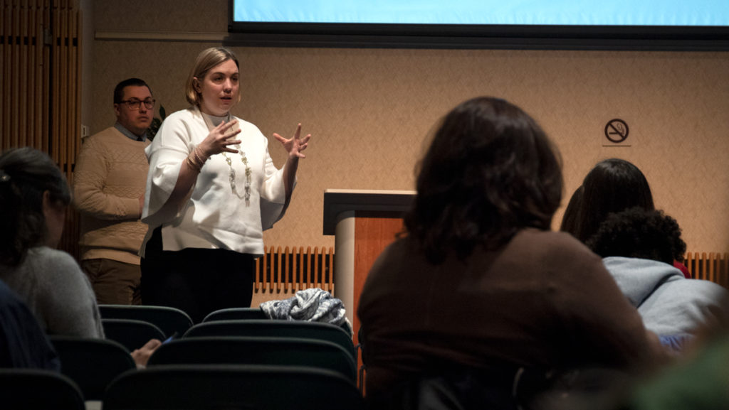 Jacqueline Winslow, director of New Student and Transition Programs, discusses the overall logistics and staffing changes for the new fall orientation model at the Dec. 4 student feedback session. 