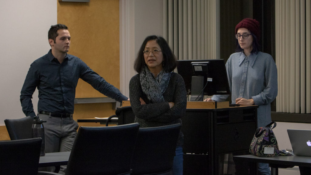 From left, Senior Research Analyst Elijah Earl, Chief Analytics Officer Yuko Mulugetta and senior President’s Fellow Anna Gardner discuss the National Survey of Student Engagement. This survey has previously struggled to garner enough student responses to yield legitimate data.