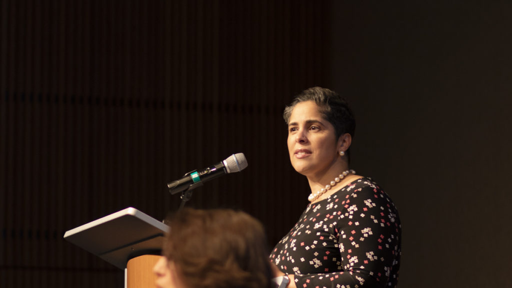 Ithaca College President Shirley M. Collado speaks at the All-College Gathering held earlier in the semester. Collado said the incoming freshman class will be smaller but the financial health of the college is still strong due to the colleges strategic plan. 