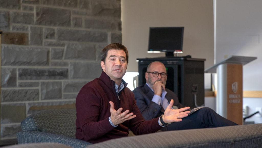 From left, Dave Lissy ’87, Ithaca College Board of Trustees Chairman, and Vice Chairman James Nolan ’77 at an open forum February 15, 2019. 