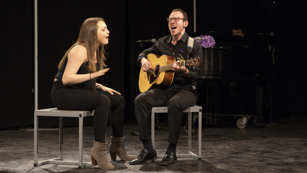 From left, seniors Robin Mazer and Jonah Bobo perform at the Wheels for Women Benefit Cabaret. Kathleen Mulligan, associate professor in the Department of Theatre Arts, founded the charity seven years ago. 