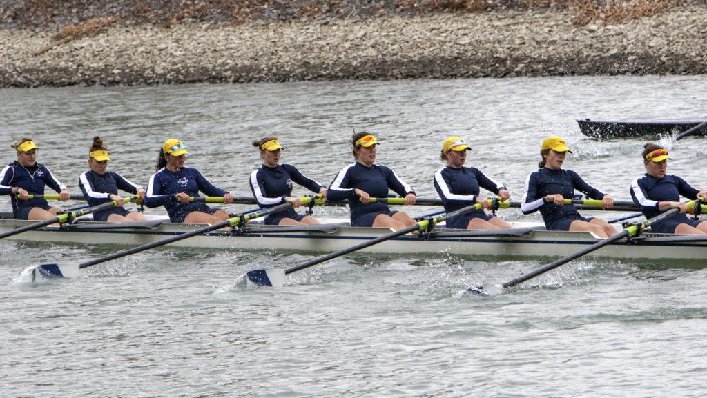 The Varsity 8 boat sails March 30 on the Cayuga Inlet.