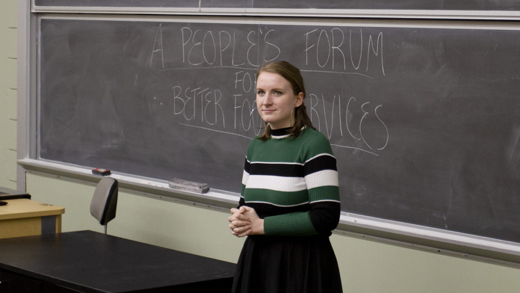 Sophomore Carmen Enge, one of the students who founded the organization, spoke at the forum on March 19 about the future of Dining Services at Ithaca College.