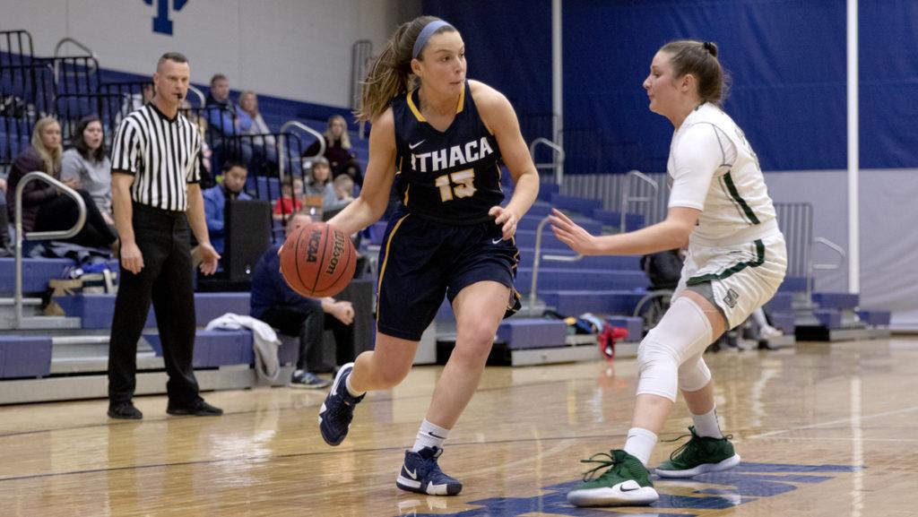 Senior guard Meghan Pickell drives towards the basket past Skidmore College senior guard Haley English during the game against the Thoroughbreds on Feb. 1. Pickell has started in every game this year for the Bombers.