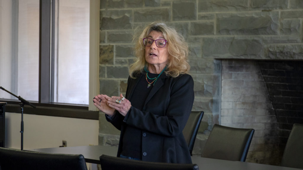 Zillah Eisenstein, emerita professor in the Department of Politics, gives a presentation about political activism and feminism during a Women Leaders Series event March 20. 