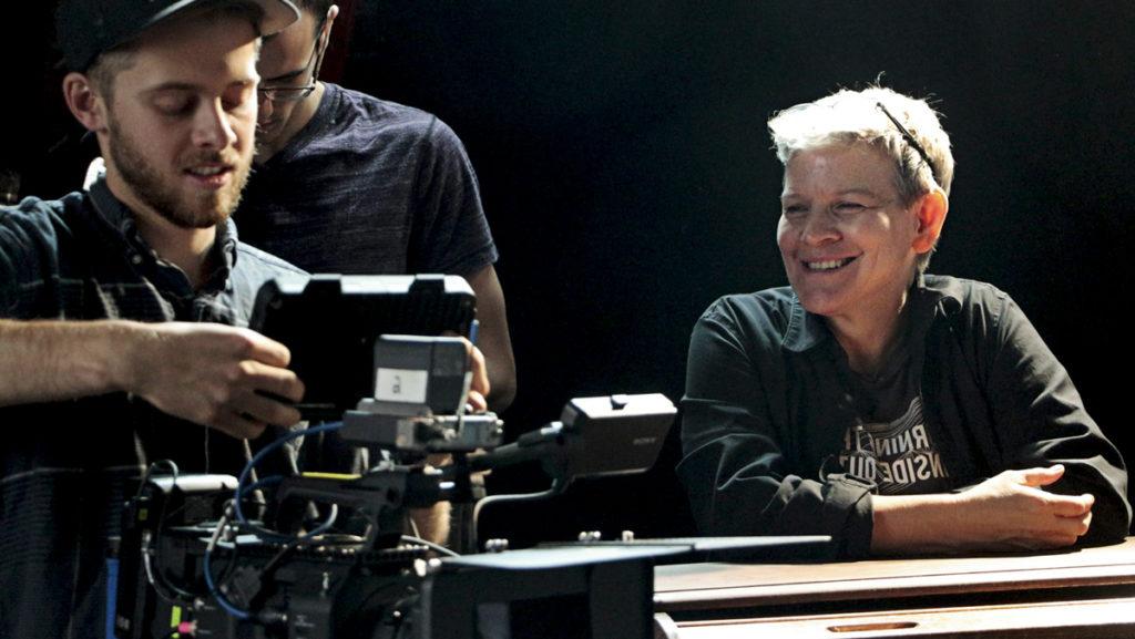 From left, cinematographer Jackson Eagen and Cathy Crane, associate professor in the Department of Media Arts, Sciences and Studies work on set of 