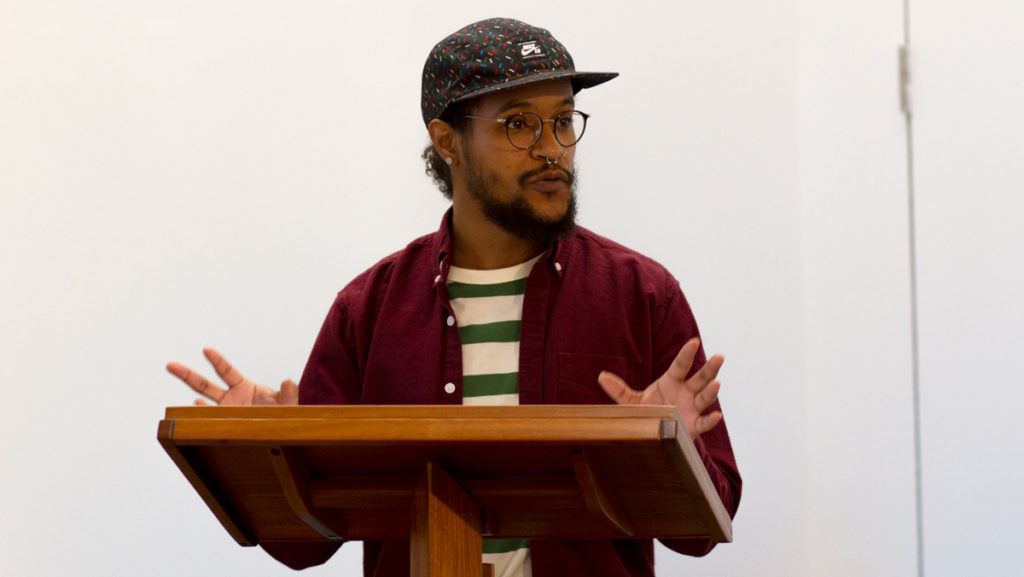 Donny+Bellamy%2C+a+diversity+pre-doctoral+scholar%2C+presented+his+research+on+the+intersections+of+feminist+theory%2C+black+transgender+studies%2C+queer+of+color+critique+and+masculinity+studies+at+the+Diversity+Scholars+Research+Showcase+April+15.