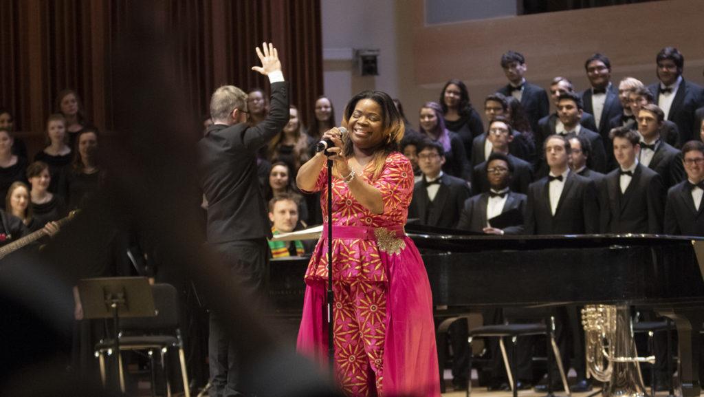 Samantha+McElhaney+John+sings+with+the+Ithaca+College+Chorus+at+the+MLK+concert++Jan.+25.+The+event+was+part+of+the+college%E2%80%99s+annual+MLK+Week+celebration.+The+concert+featured+performances+from+the+School+of+Music+ensembles%2C+students+and+faculty.