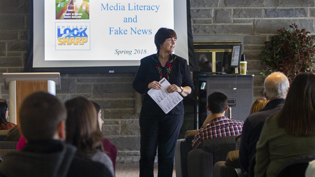 Cyndy Scheibe, professor in the Department of Psychology and coordinator of the new media literacy minor, gives a presentation on media literacy and fake news during Spring 2018. The School of Humanities and Sciences at Ithaca College recently approved a new minor in media literacy. She has been advocating for the minor to be implemented at the college for the past 10 years.