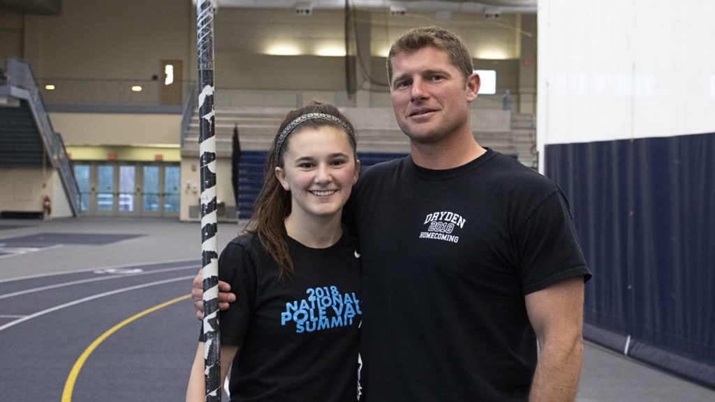 Freshman Meghan Matheny began working with pole vault assistant coach Matt Scheffler in eighth grade and continued to train with him through high school. She decided to attend Ithaca College largely so that Scheffler would remain her coach.