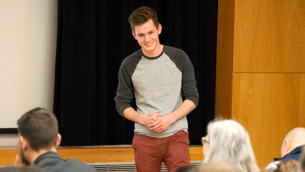 Freshman Norman Staub gives the pitch for his group, VeRiFID, at 3 Day Startup on April 7. The group's goal was to install radio frequency identification into camera equipment to make the camera rental process more efficient.	