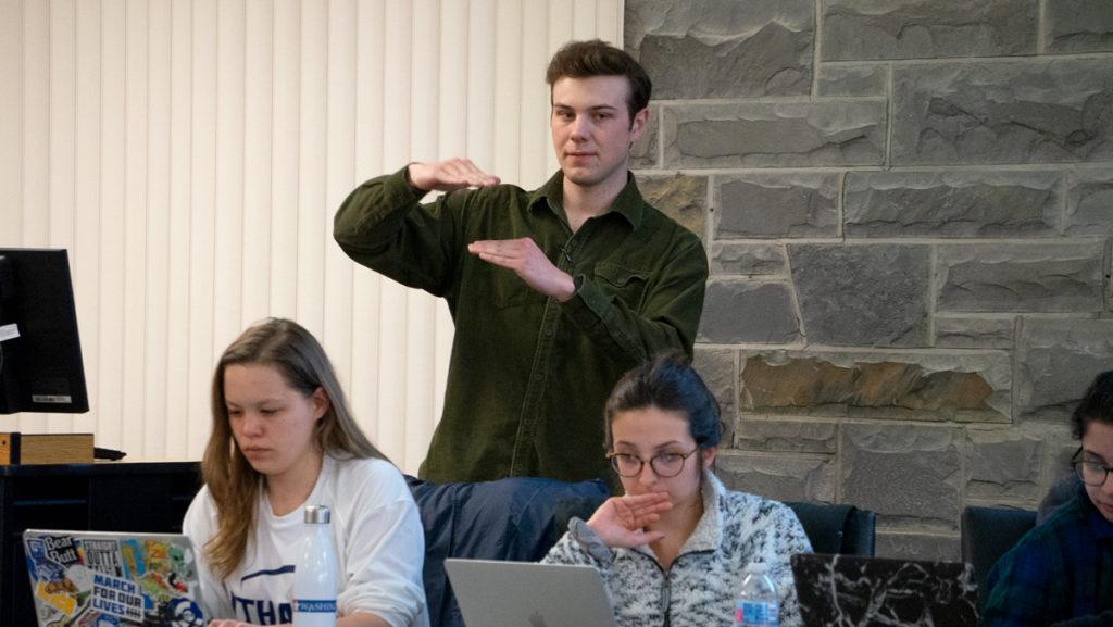 Junior senator-at-large Vaughn Golden presents on the Allocations Handbook Revision Act during SGC's April 1 meeting. The bill was sponsored by Golden and sophomore Allison Kelley, senator for the business school. They are both members of the Appropriations Committee.
