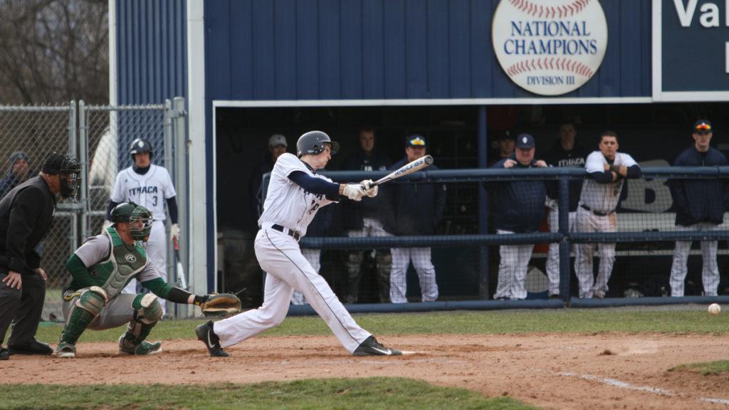 Sophomore shortstop Jack Lynch grounds the ball during the Bombers 6–5 win over SUNY Oswego on April 2.