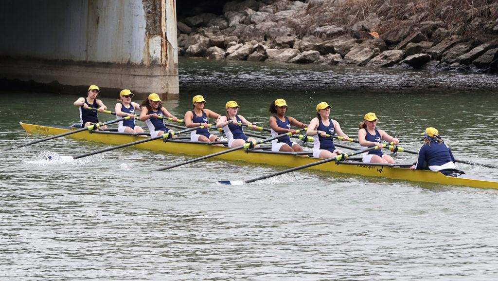 The womens Novice 8 boat placed first April 7 against SUNY Geneseo and St. John Fisher College at the Cayuga Lake Inlet. The womens team has a total of 13 novice athletes.