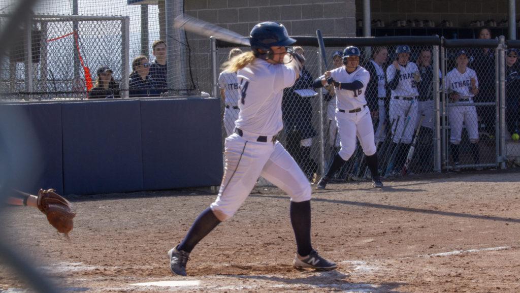 Junior right fielder Abby Shields swings during the Bombers game against St. Lawrence University on April 6.