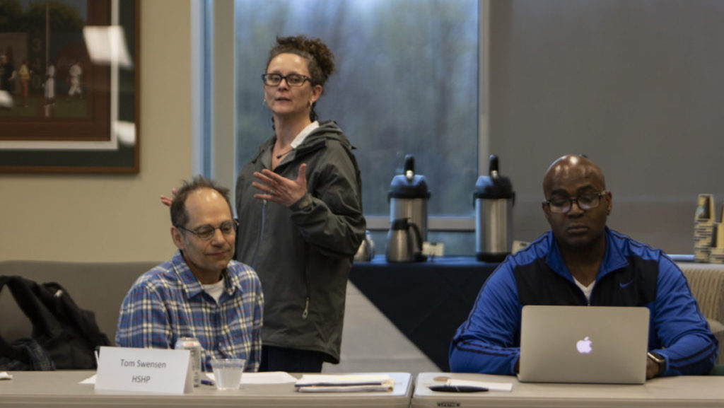 Kelly Ann Robinson, manager in Student Accessibility Services, answers questions from Faculty Council members at the May 7 meeting. La Jerne Cornish, provost and senior vice president for academic affairs, announced a drop in enrollment numbers for the Class of 2023 at the end of the meeting.  