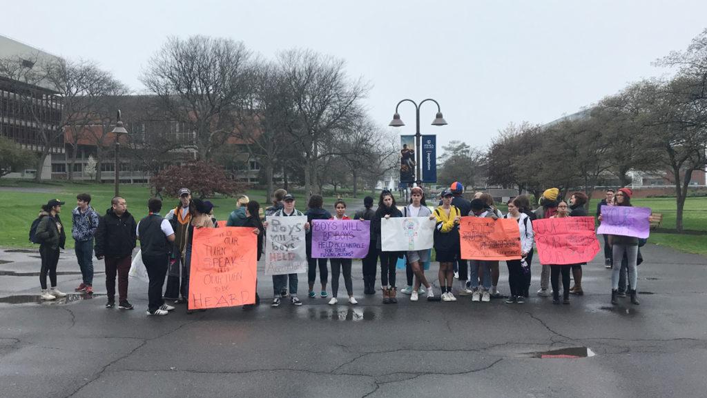 Members of OURstory is not HIStory gathered at Free Speech Rock outside of Campus Center to protest the sexual violence against women of color. 