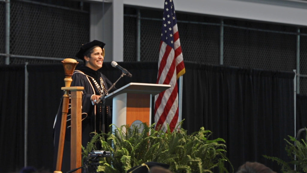 Ithaca+College+President+Shirley+M.+Collado+speaks+at+Convocation+on+Aug.+27%2C+the+ceremony+marking+the+beginning+of+the+2019-20+academic+year+and+welcome+the+Class+of+2023+and+transfer+to+the+college.+
