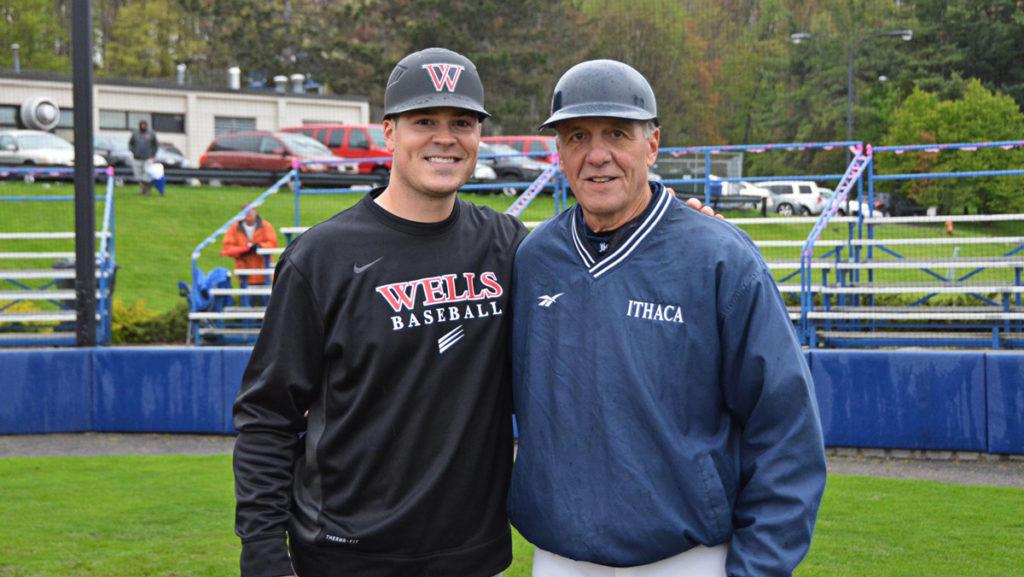 Dave Valesente and his father, George 66, after Ithaca Colleges annual game against Wells College on May 5, 2018.