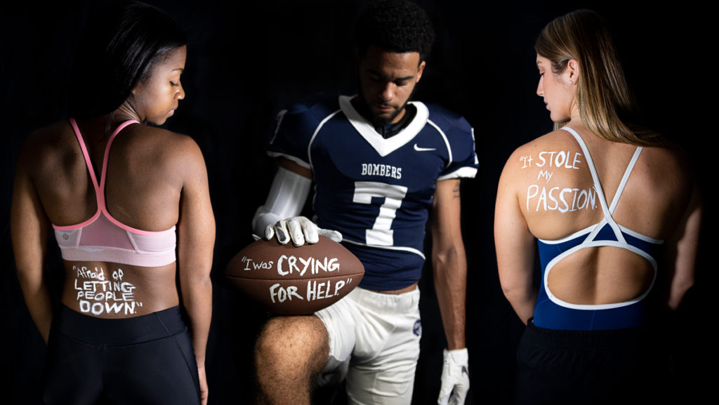 From left, junior runner Allura Leggard, freshman football player Daniel Hutchinson, and senior swimmer Angelina Domena all struggled with their mental health after suffering serious injuries from their respective sports.