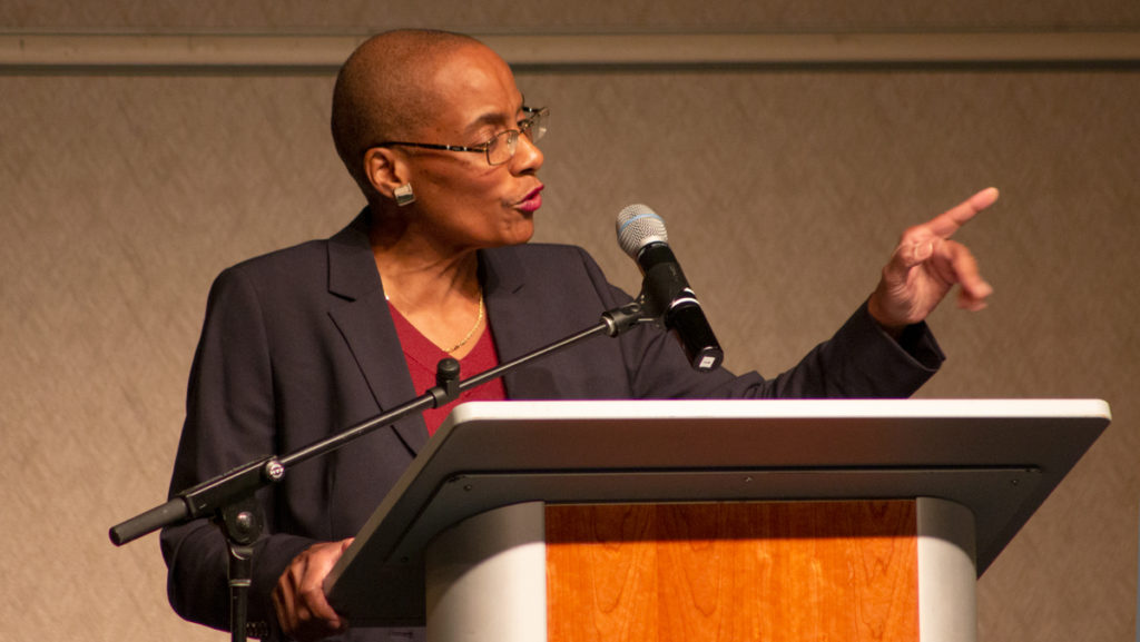 The Very Reverend Dr. Kelly Brown Douglas, dean of the Episcoal Divinity School and  professor of theology at Union Theological Seminar spoke on harmful anti-blackness narratives at the Peggy Ryan Williams Difficult Dialogues Symposium.