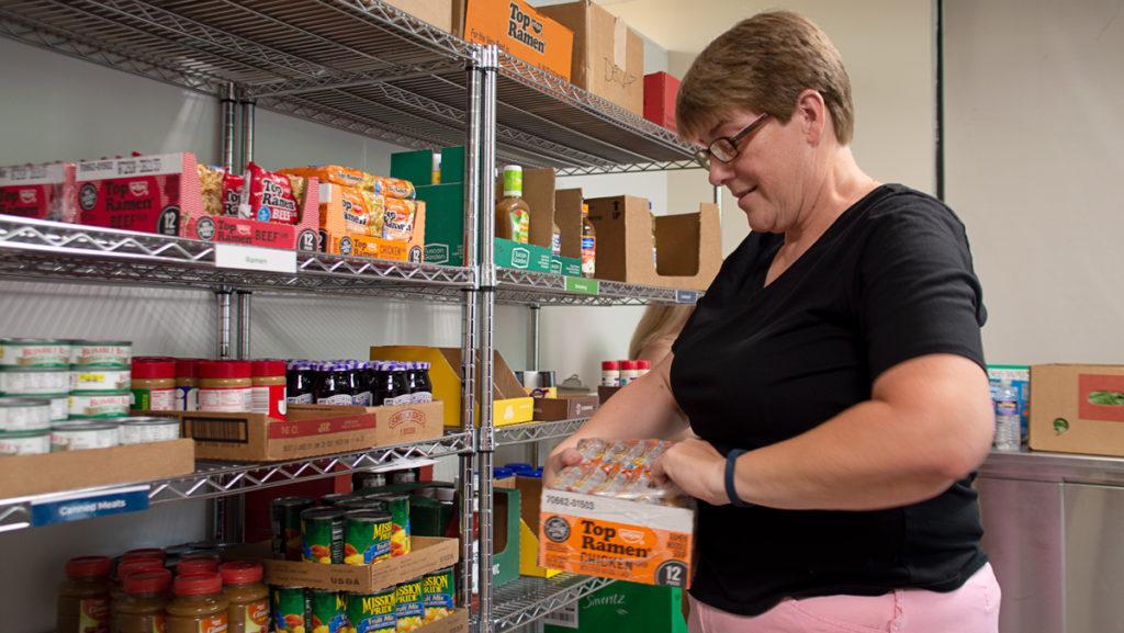 Doreen Hettich-Atkins, director of strategic planning and administration in the Division of Student Affairs and Campus Life, is one of the volunteers at The Pantry, Ithaca College’s on-campus food pantry.	