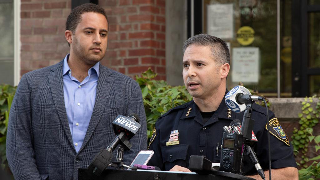 From left, Mayor Svante Myrick and Dennis Nayor, acting chief of police of the Ithaca Police Department, brief the media Sept. 4. 