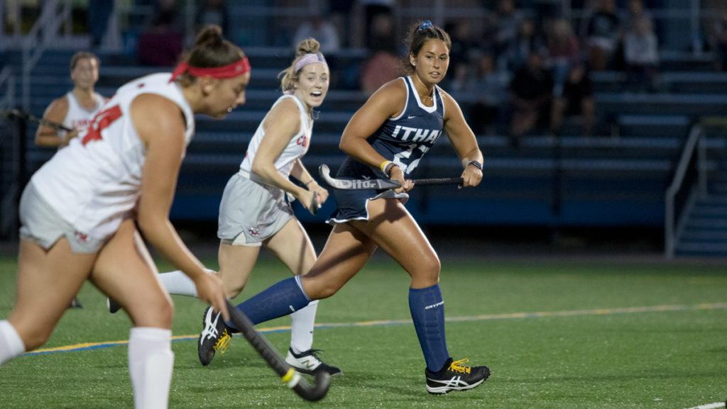Sophomore+defender+Victoria+Sestito+sprints+to+defend+a+SUNY+Cortland+attacker+during+a+game+Sept.+18+in+Higgins+Stadium.+Sestitos+older+brothers+play+professional+hockey.