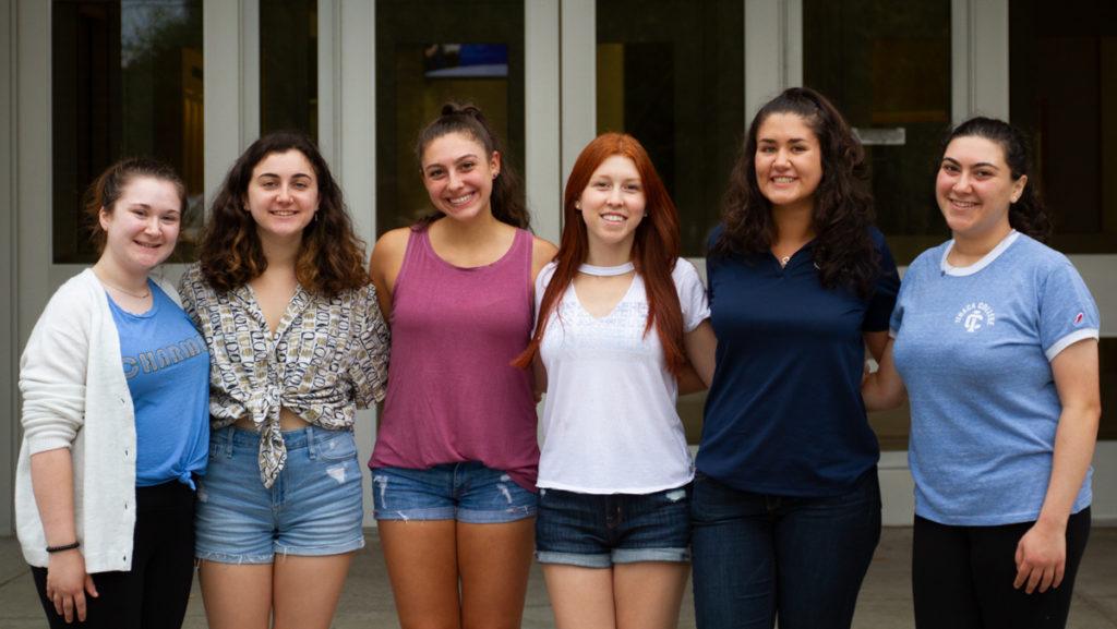 From left, Sophia Egner, Emily Altschuler, Daniella Leventhal, Samantha Kahn, Alexa  Bastardi and Hallie ArbitalJacoby are board members of Broadway Bound, an a capella group.