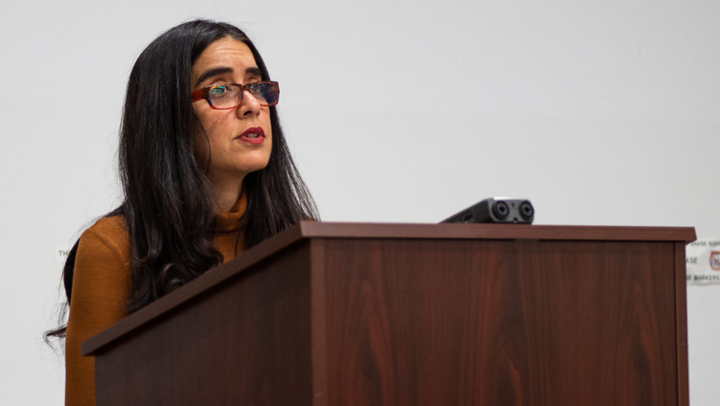 Nermeen Shaikh, broadcast news producer and co-host of “Democracy Now!,” answers student questions while speaking about flaws in mainstream media Oct. 3. 