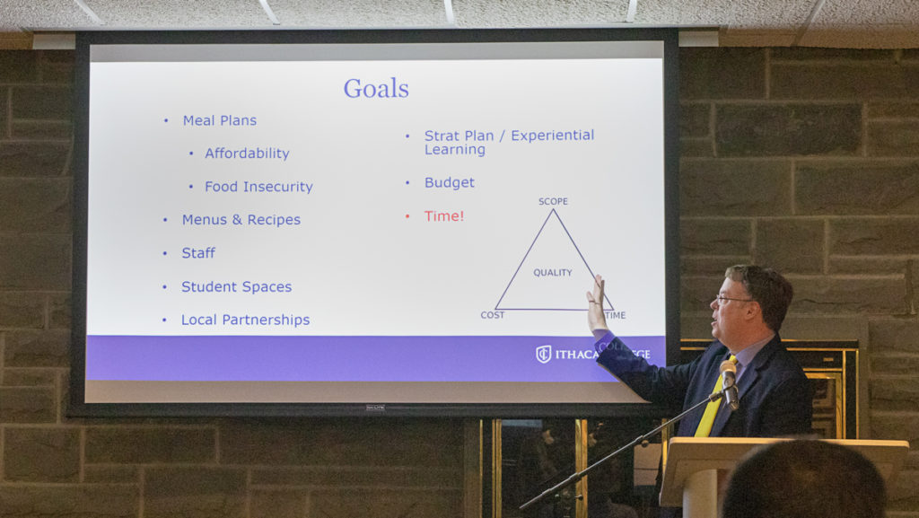Dave Prunty, executive director of auxiliary services, discusses the changes made in Dining Services at an open forum held Oct. 15. Four students attended the event. 
