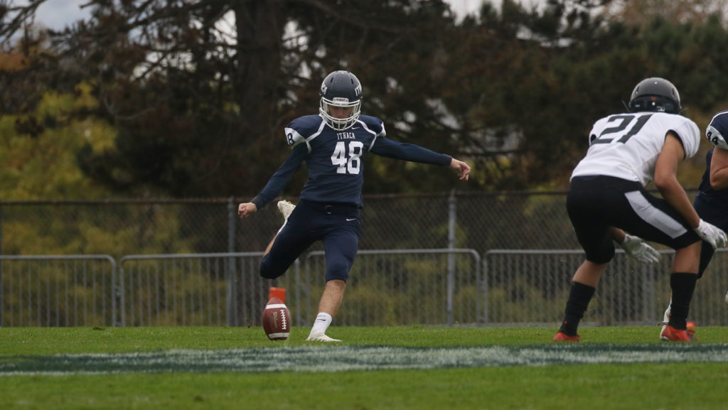 Freshman kicker Nick Bahamonde winds up for a kickoff during the Bombers game Oct. 12 in Butterfield Stadium. Bahamonde has missed zero field goals and only one extra point this season.